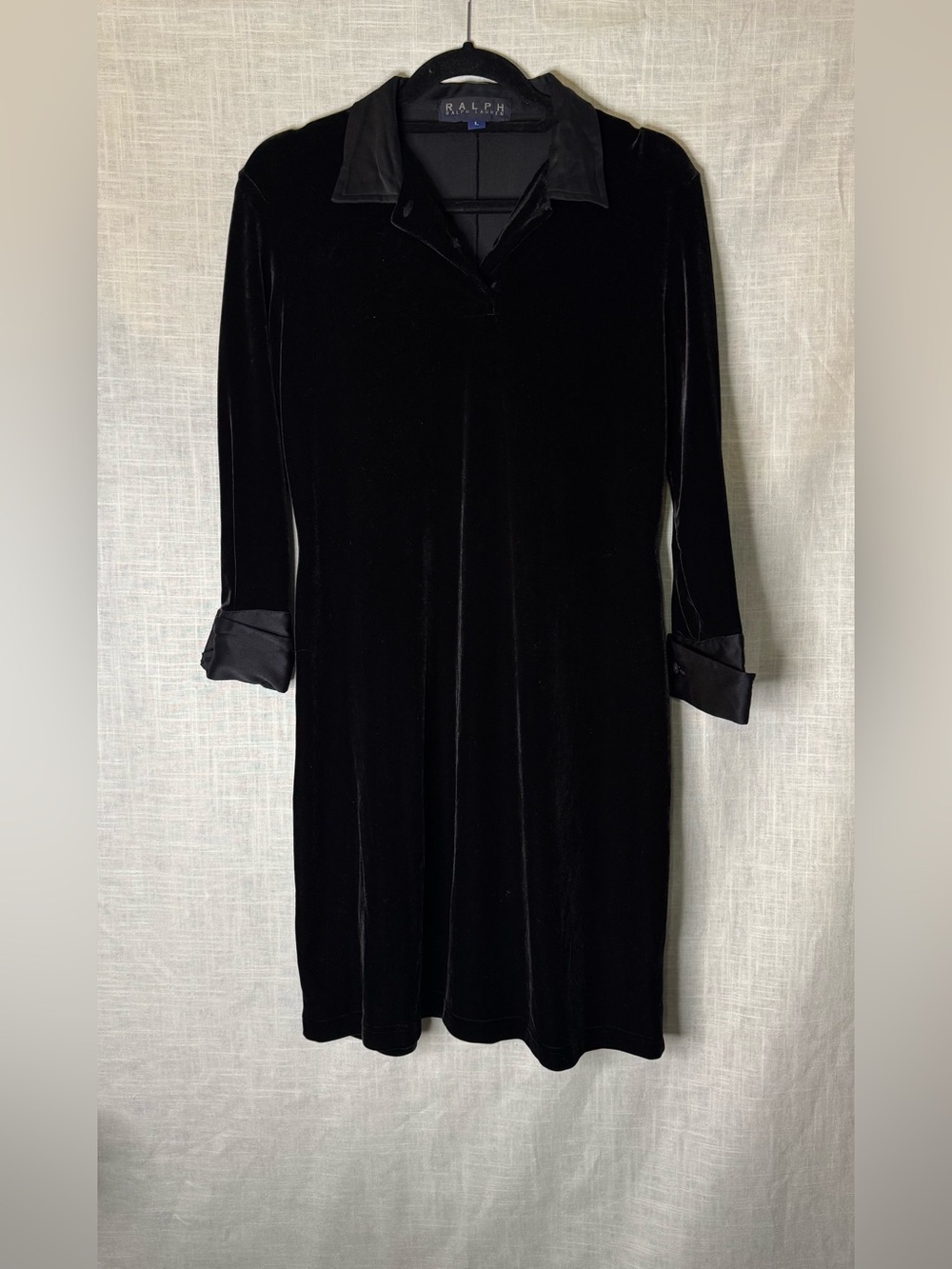 Ralph Lauren Black Velvet Midi Dress with Satin Trim